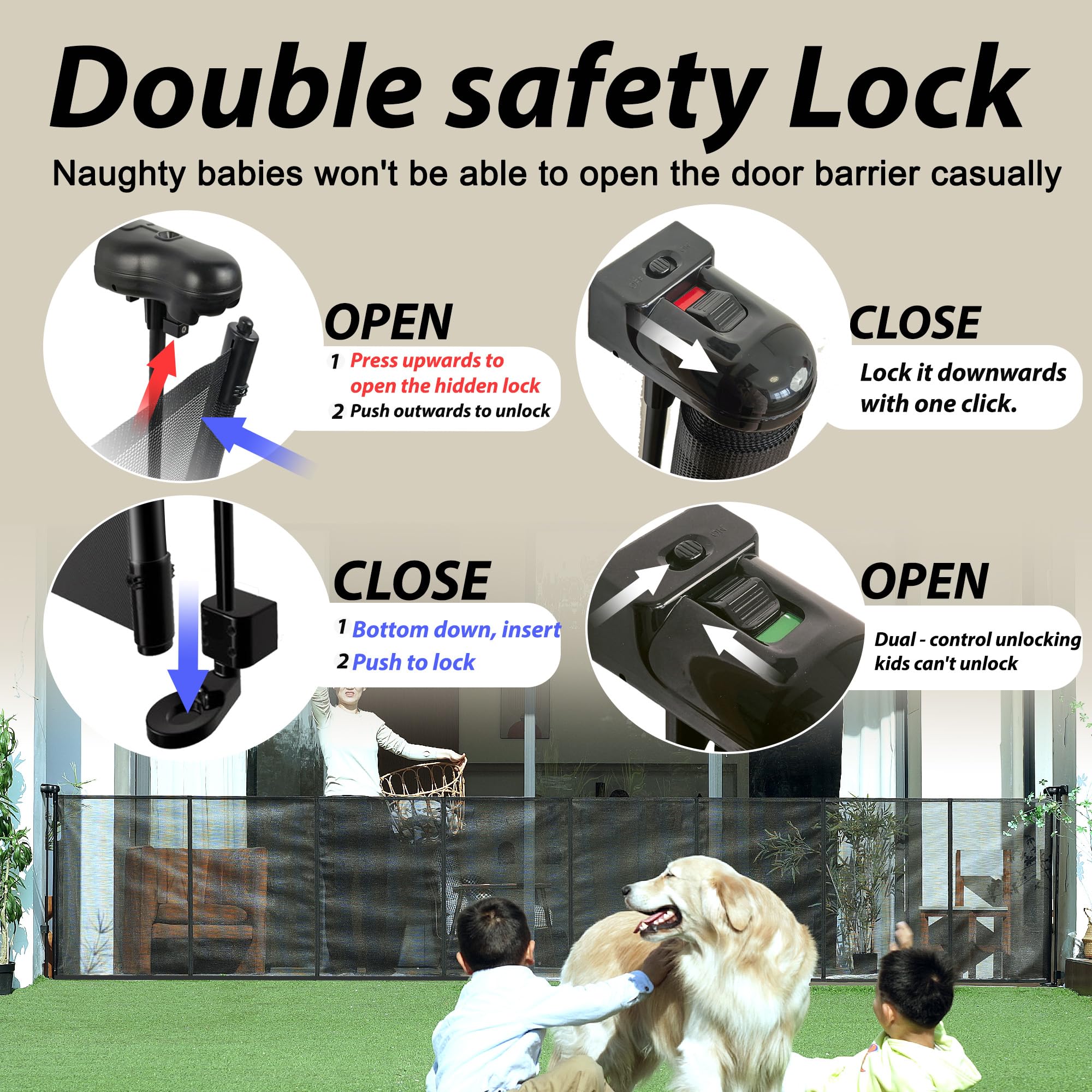 Luvcoo indoor-outdoor gate resists outdoor cleaning with damp cloth or rinse.