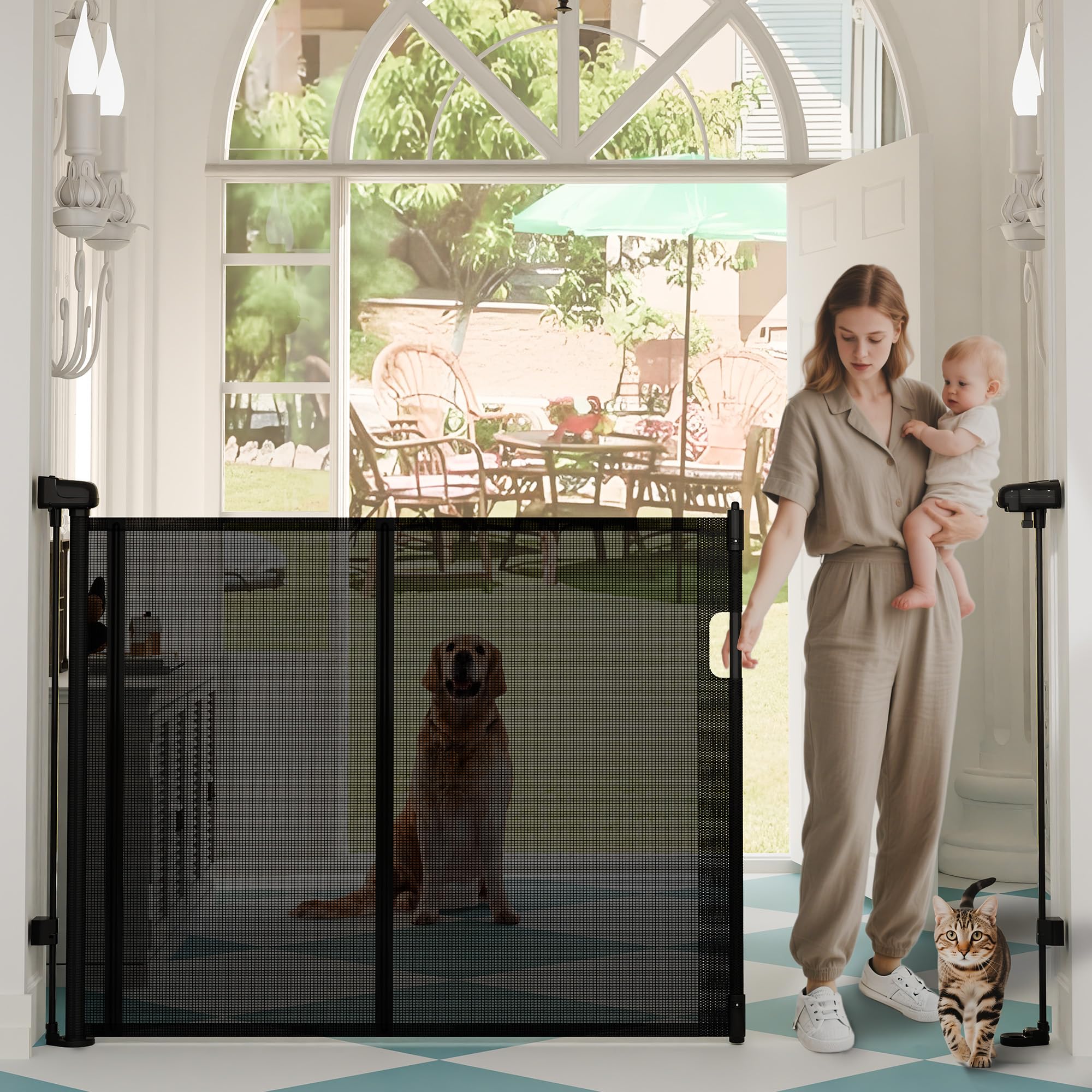 Luvcoo retractable gate at stairs, adjustable width fits many stair openings.