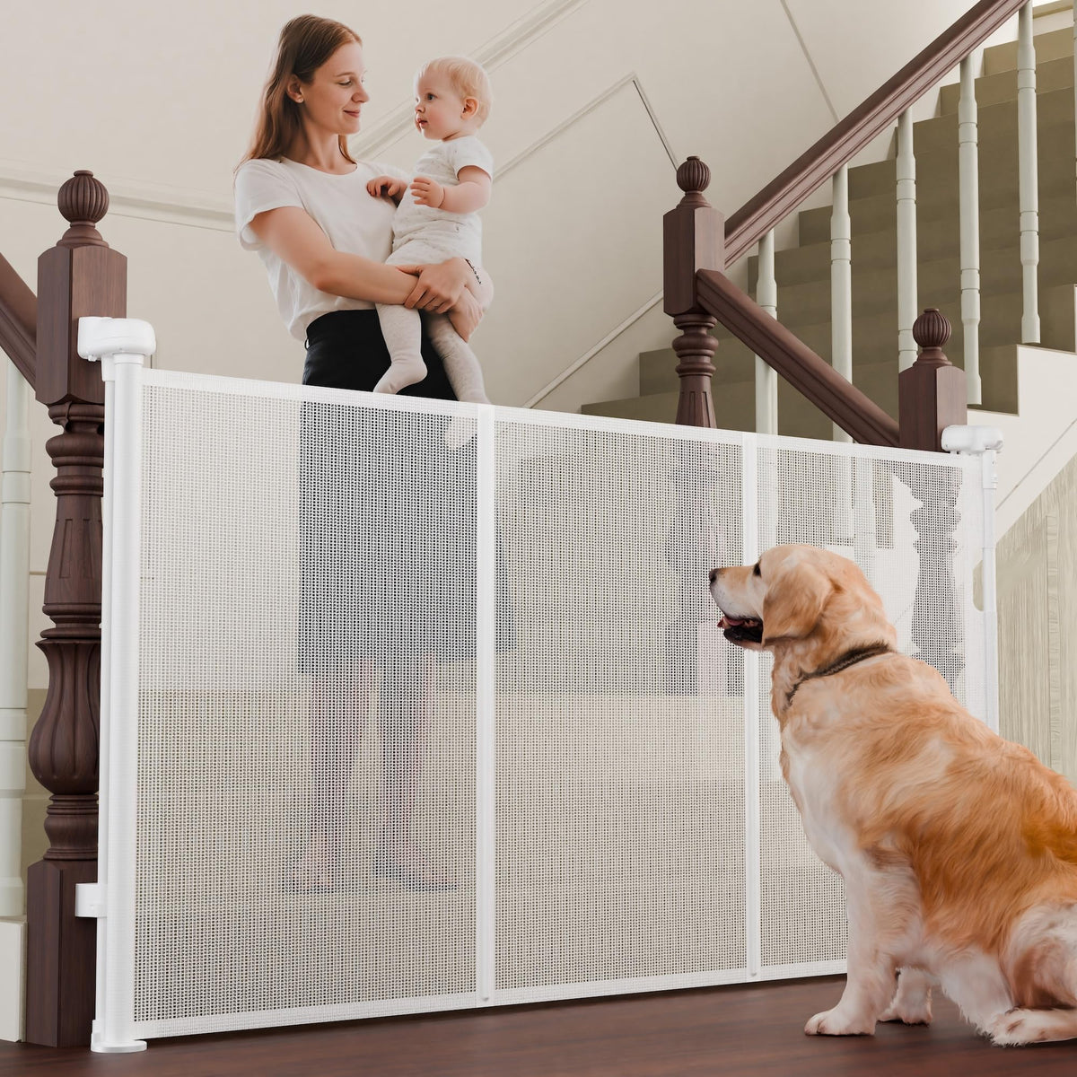 Luvcoo retractable gate with adjustable width for stairs, adapts to different stair openings.