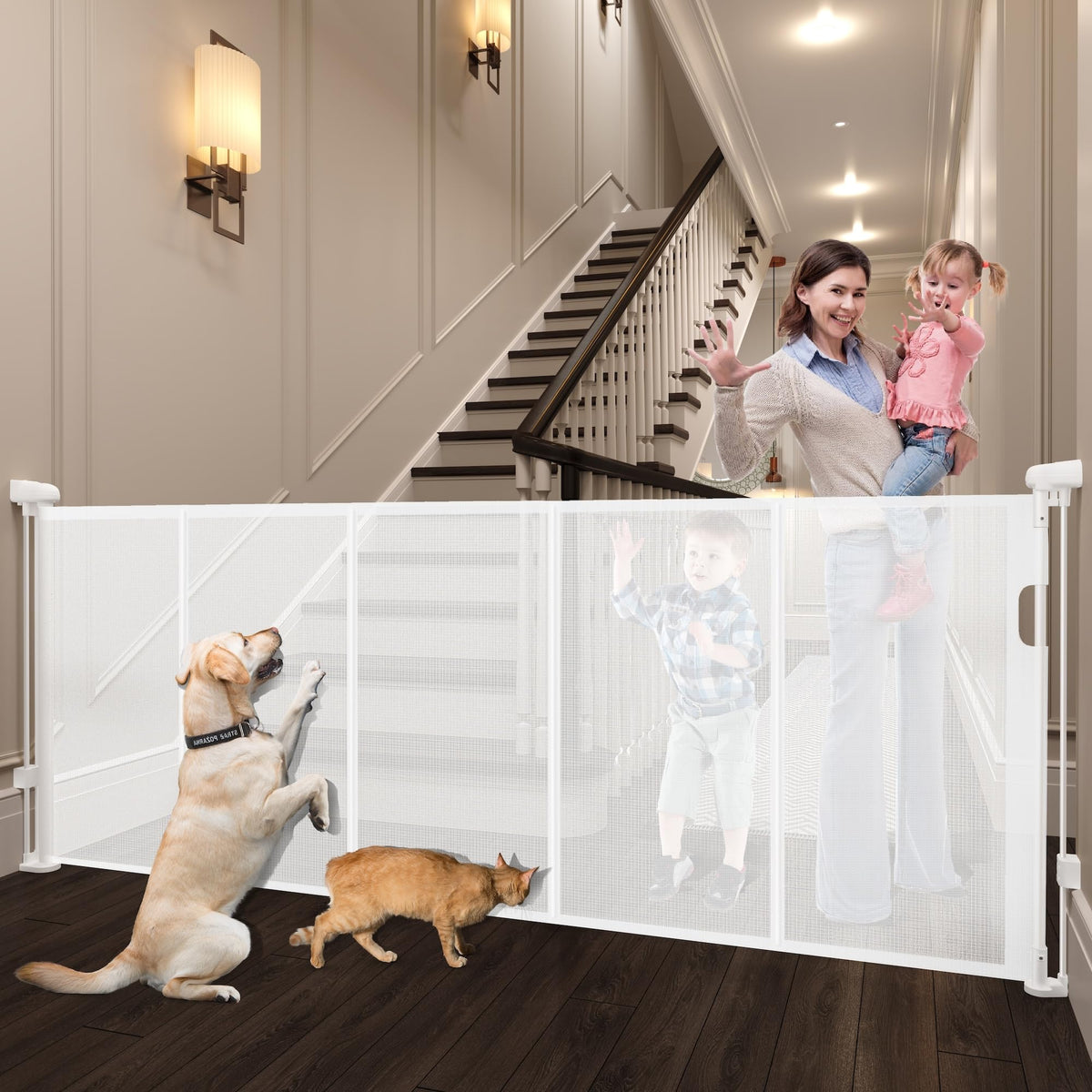 Luvcoo retractable gate extended at stairs for child safety and easy access