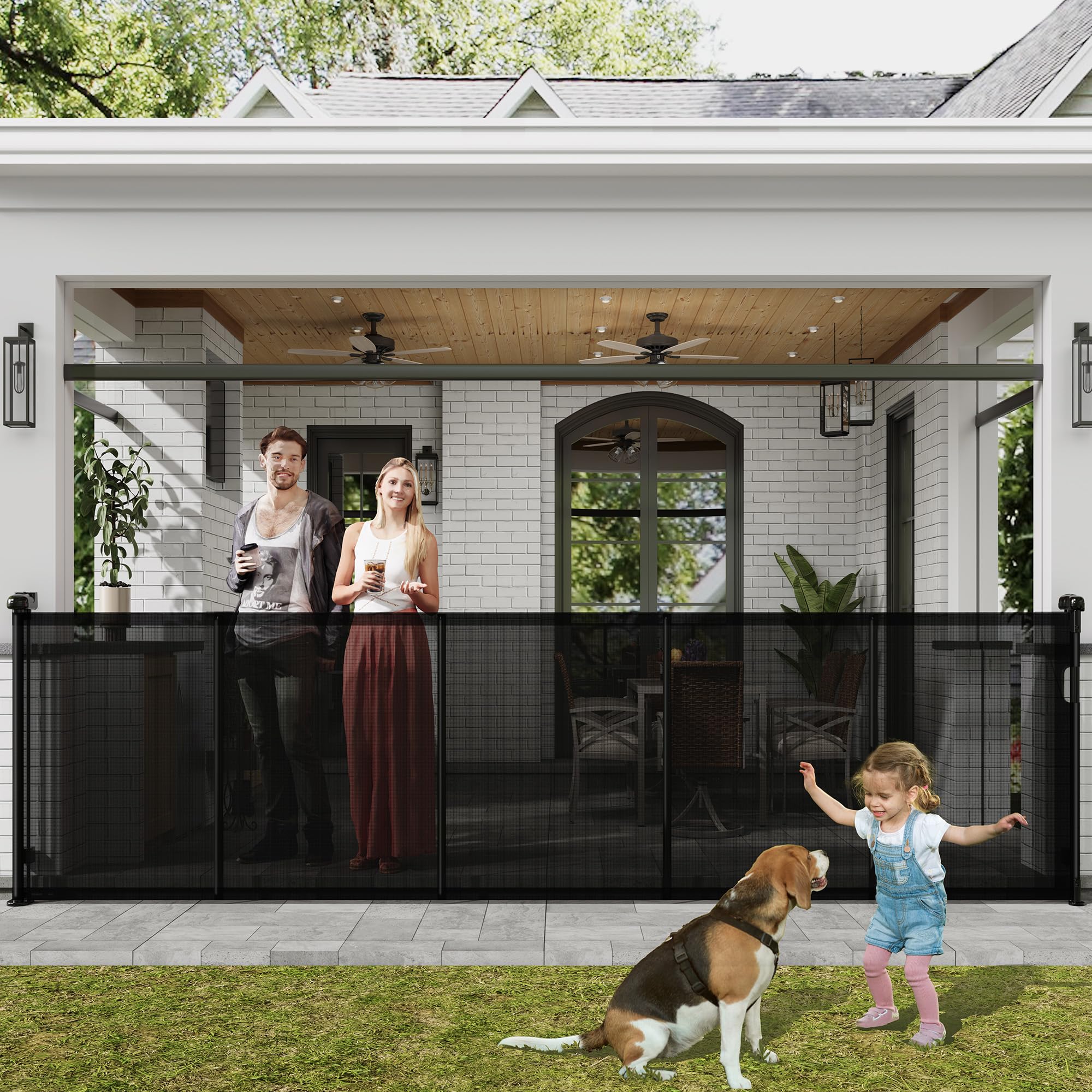 Luvcoo retractable gate extended over stairs for wide coverage and kid/pet safety.