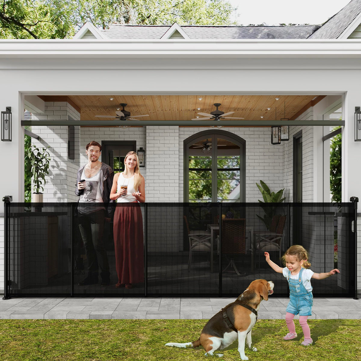 Luvcoo retractable gate extended over stairs for wide coverage and kid/pet safety.