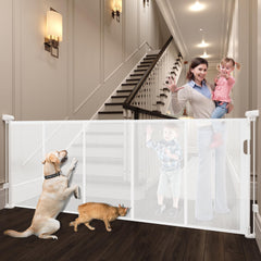 Luvcoo retractable gate extended at stairs for child safety and easy access