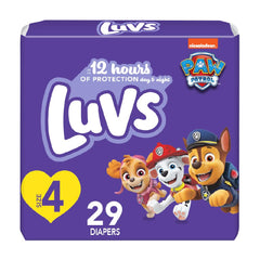 Luvs Paw Patrol size 4 diaper design featuring Chase and Marshall for everyday wear.