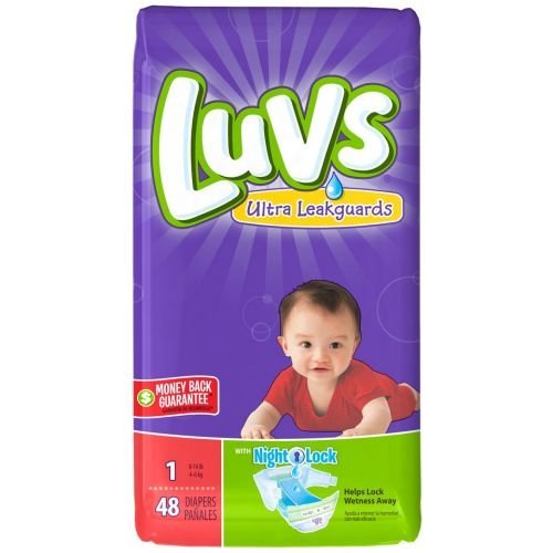Luvs Stretch Size 1 diaper with NightLock for overnight protection and leak prevention.