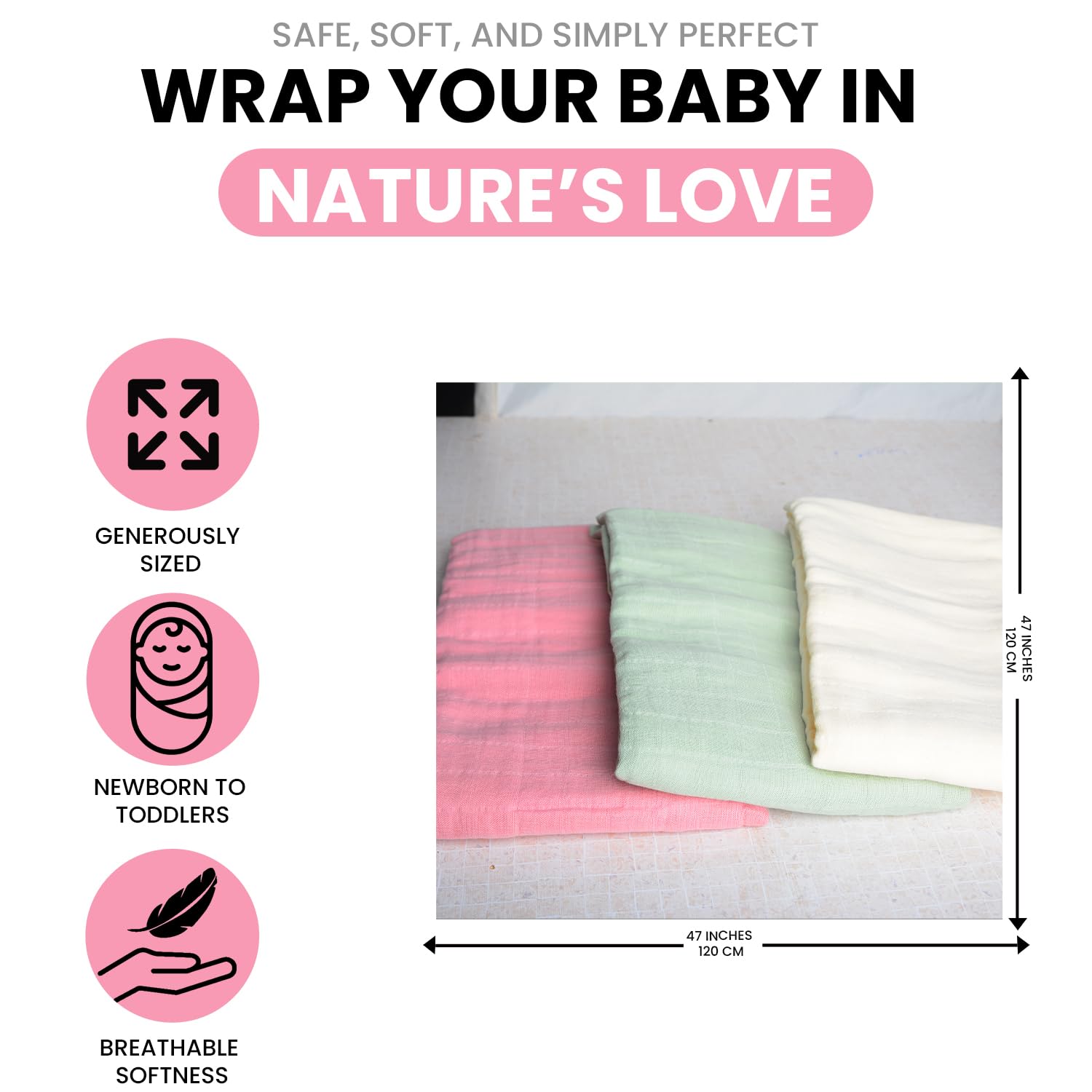 Baby snugly wrapped in a Luvvie swaddle blanket for calm rest.