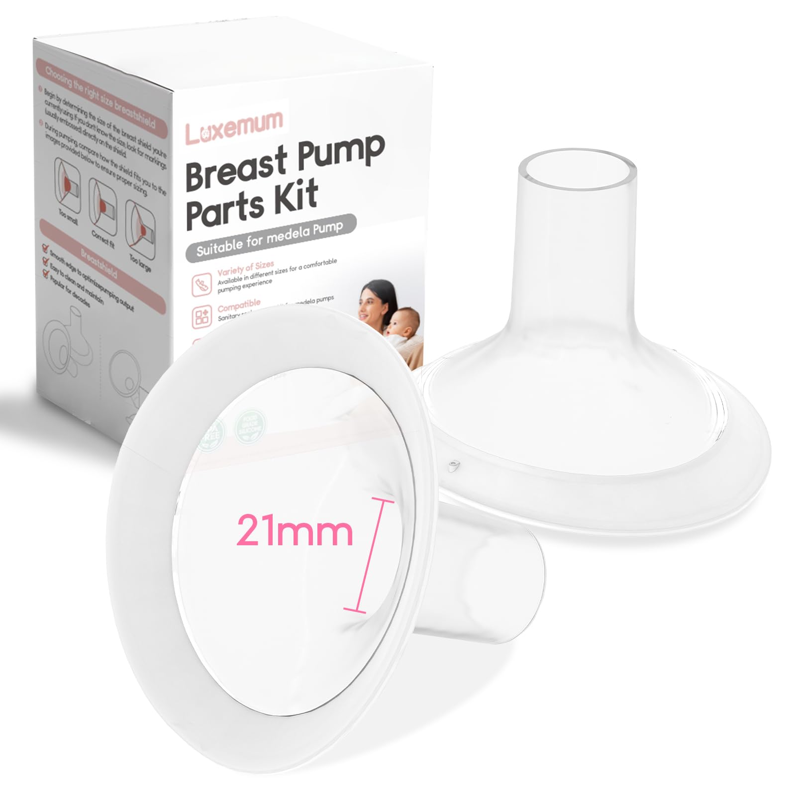 Luxemum 21mm oval soft flange for comfortable Medela pumping.