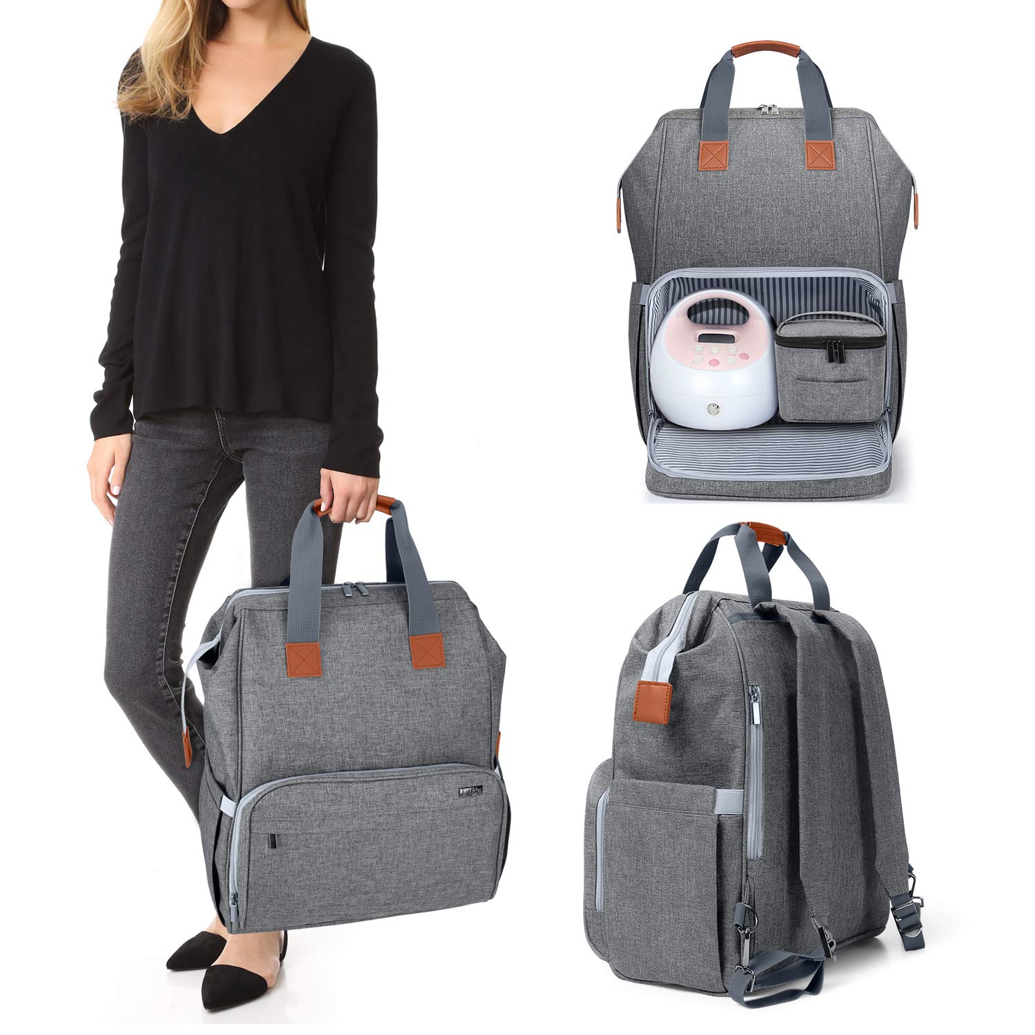 LUXJA breast pump bag front pocket showing organized space for essentials on the go