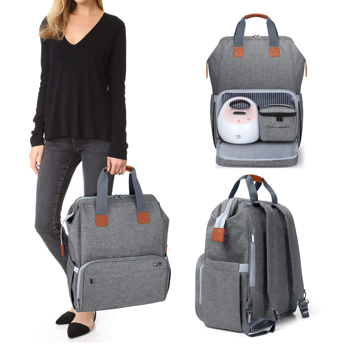 LUXJA breast pump bag front pocket showing organized space for essentials on the go