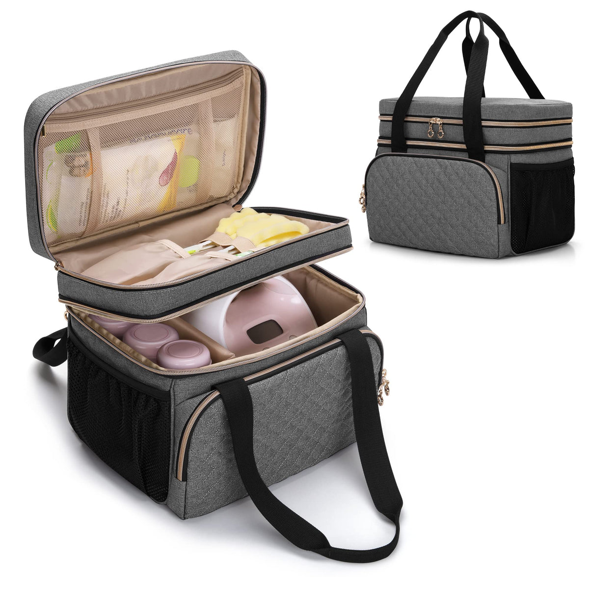 Luxja breast pump bag top compartment keeps wipes and nursing pads handy.
