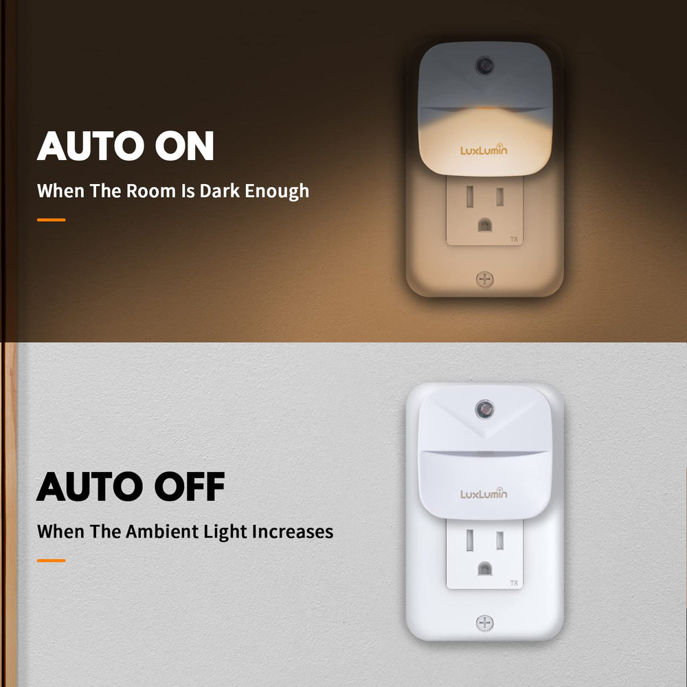 LuxLumin night light plugs into outlets, keeping the second socket free for accessories.