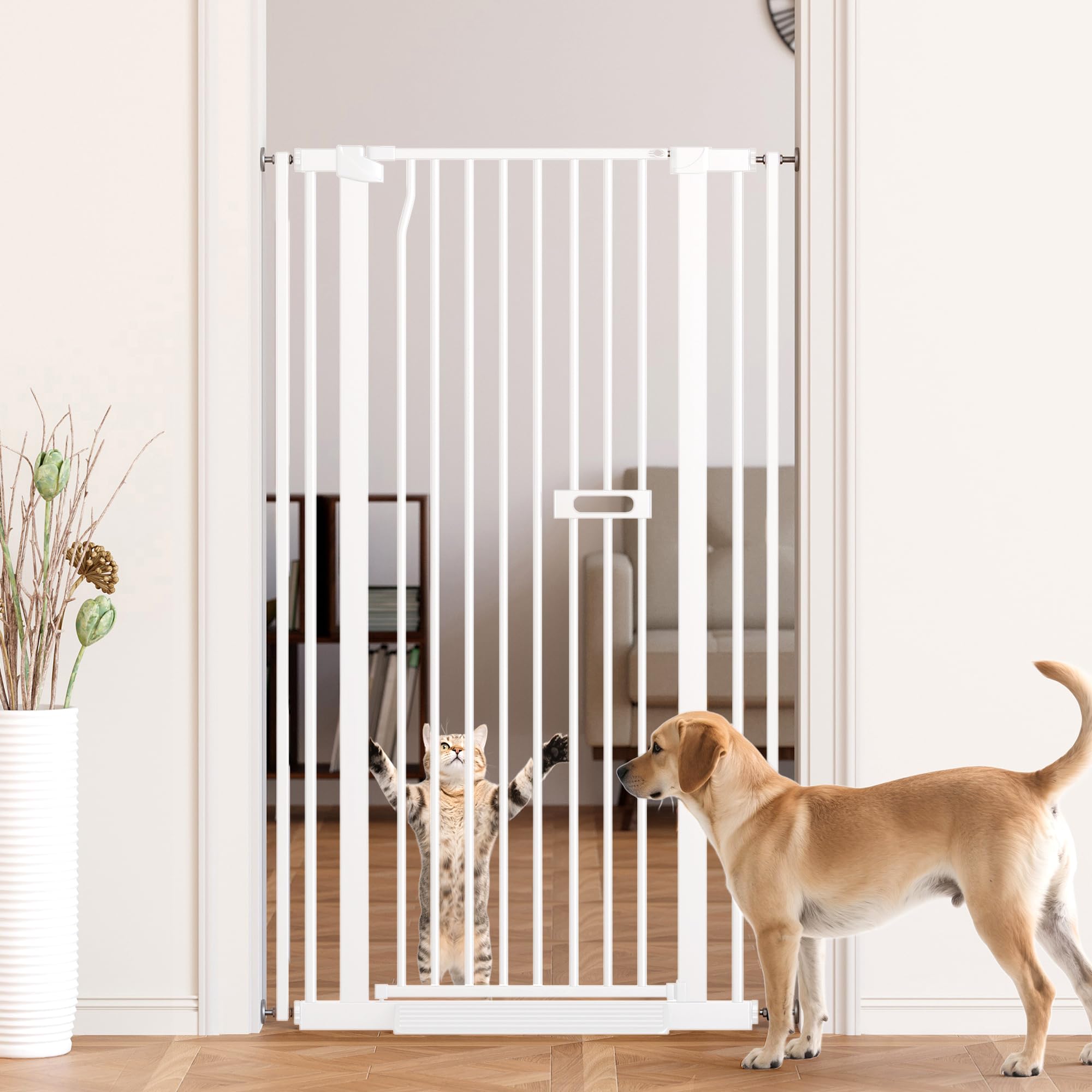 LuxTrsde 55.1-inch cat gate on stairs provides tall protection for energetic pets