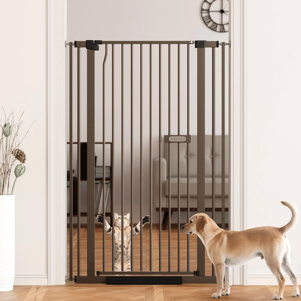 LuxTrsde 55.1-inch extra tall gate for stairs keeps tall pets secure.