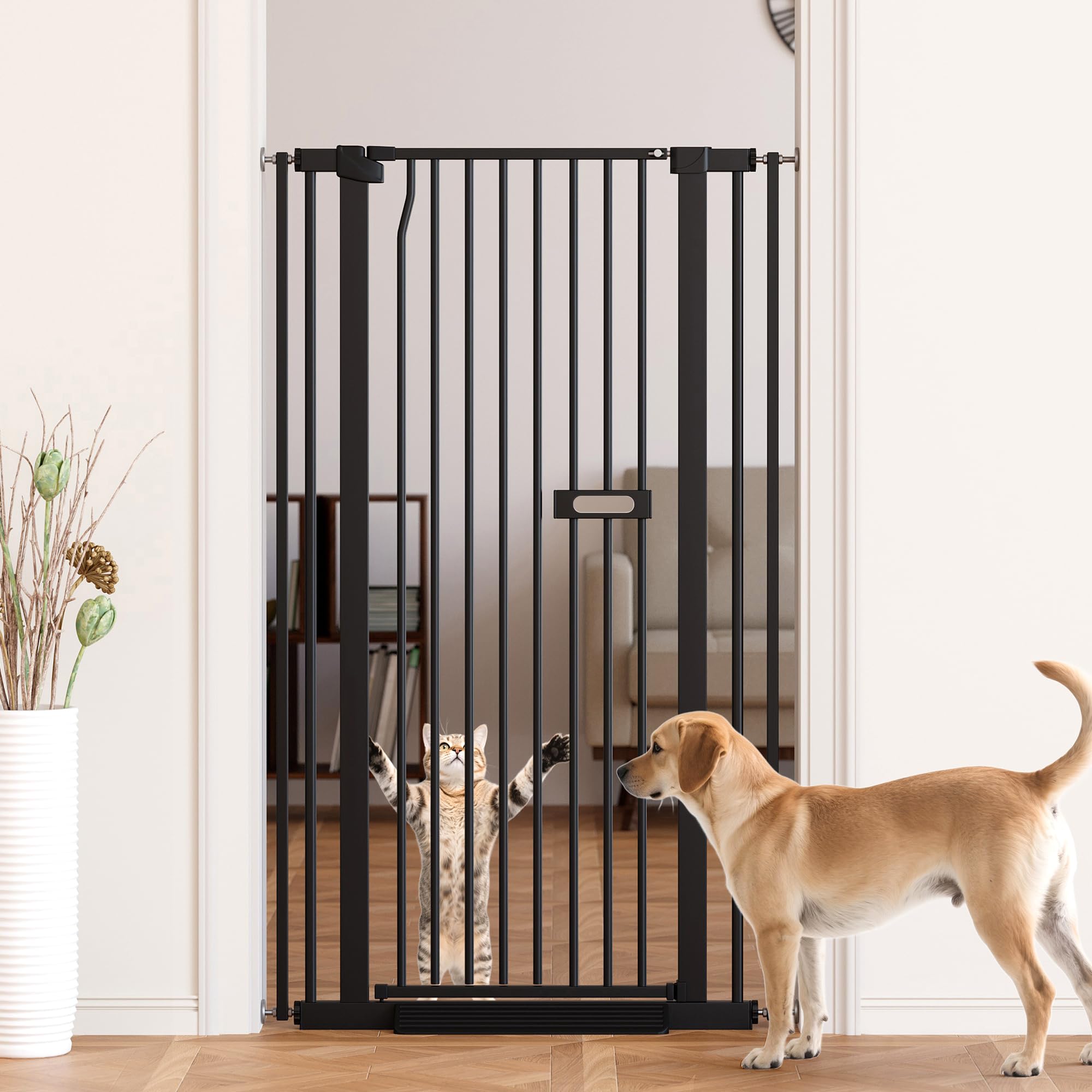 LuxTrsde 61-inch pet gate on stairs, tall barrier to keep pets contained.