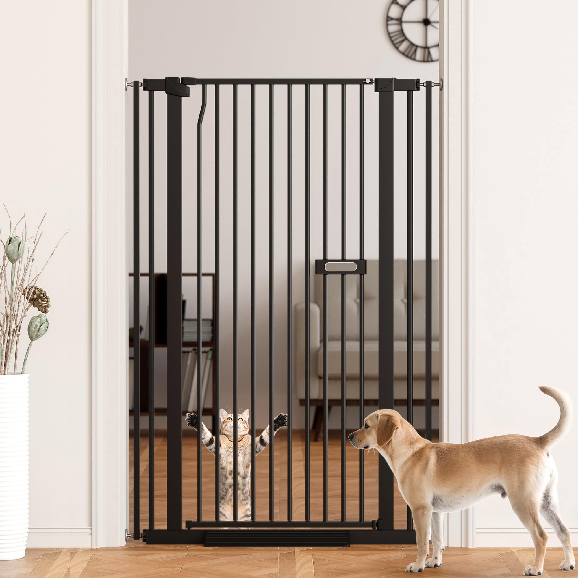 LuxTrsde extra tall cat gate shows 55.1-inch height for tall pets