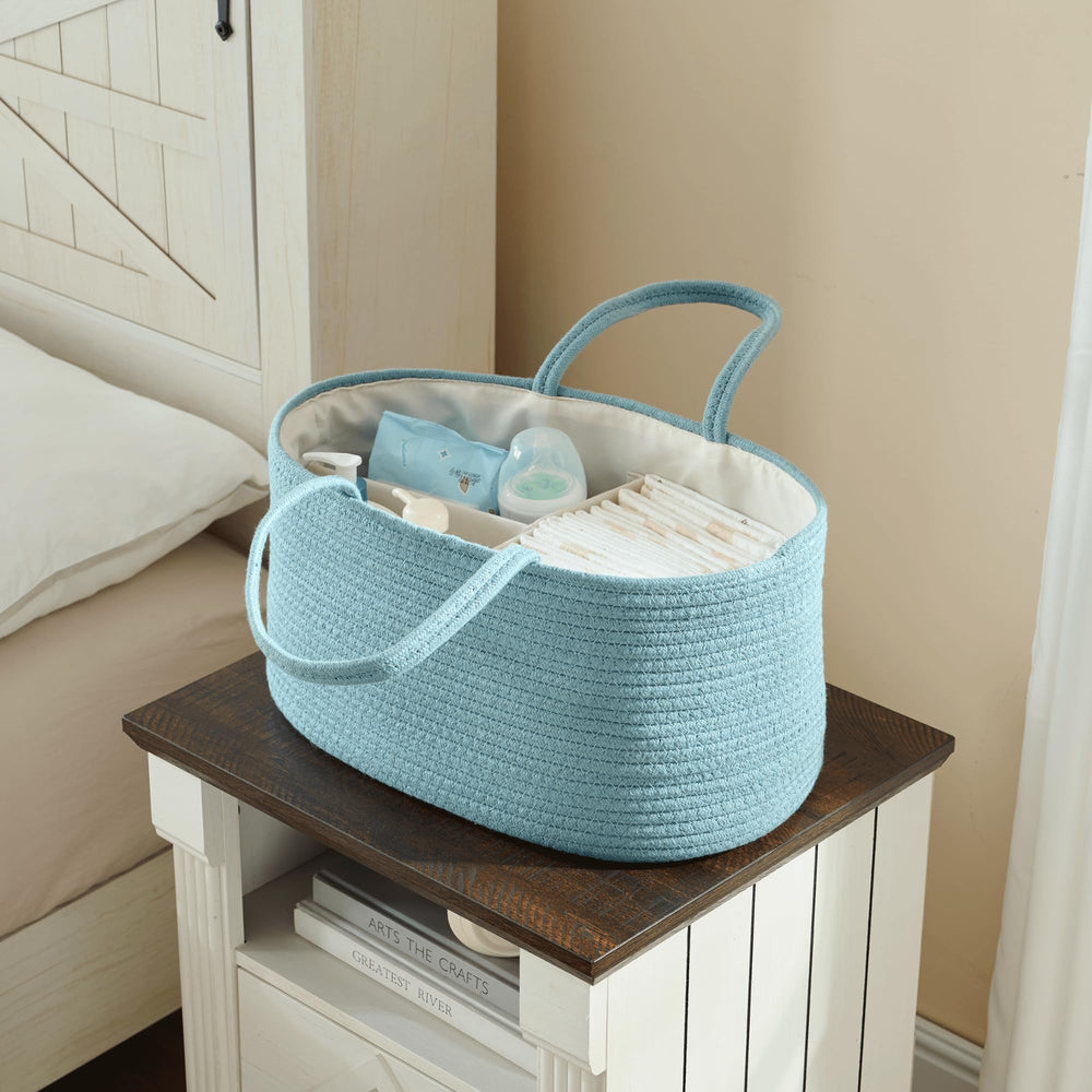 Luxury Little diaper caddy in lake blue offers soft, baby-friendly storage.