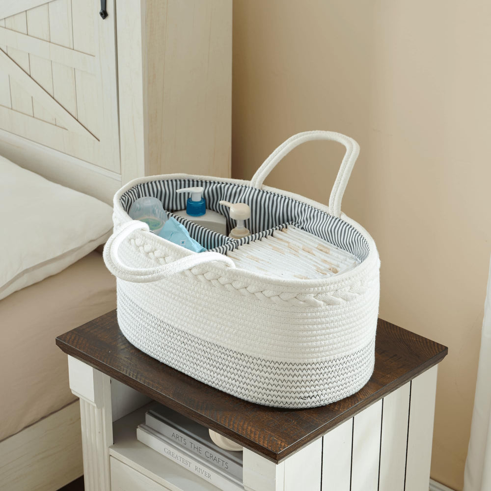 Luxury Little diaper caddy changing-table setup keeps essentials within reach.