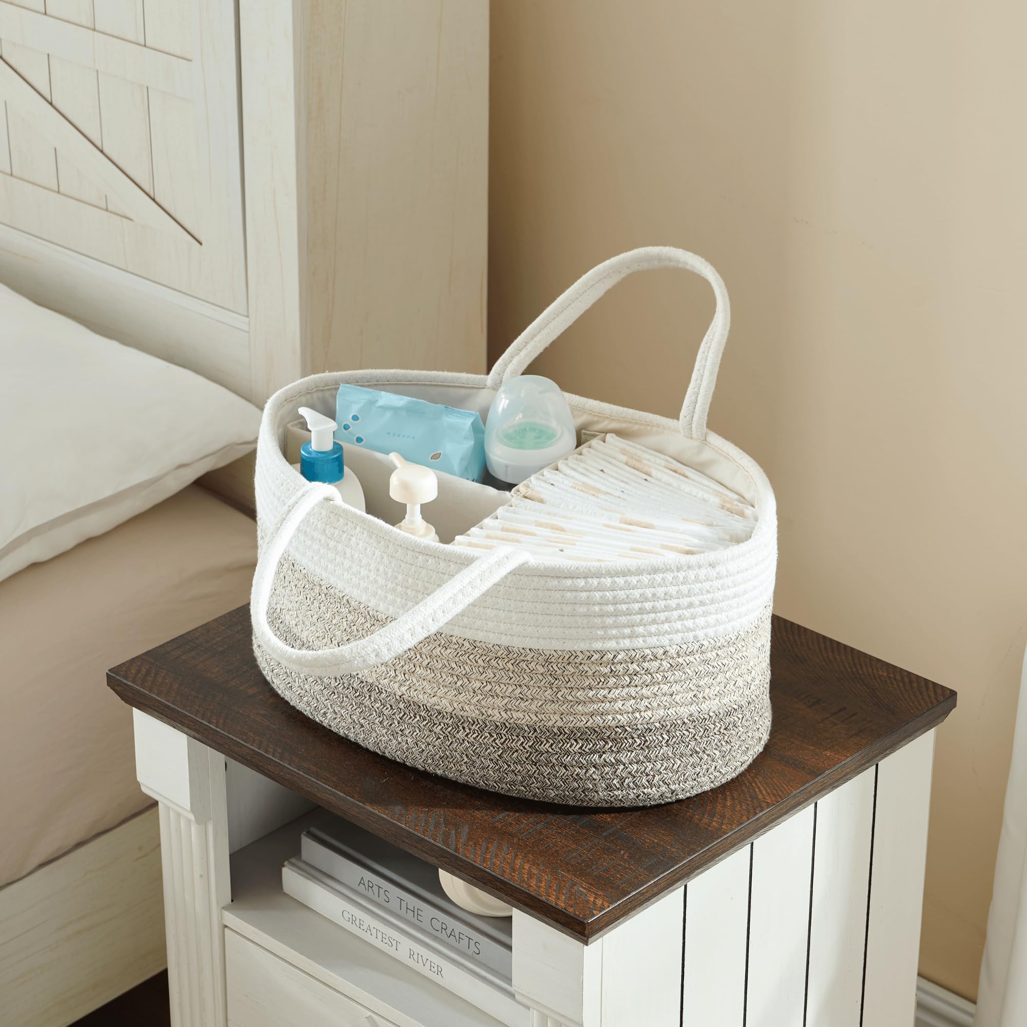 Luxury Little diaper caddy on dresser top for organized supplies