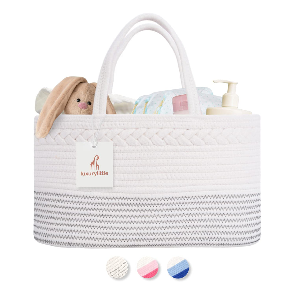 Luxury Little diaper caddy large basket keeps diapers and wipes organized at the changing table.