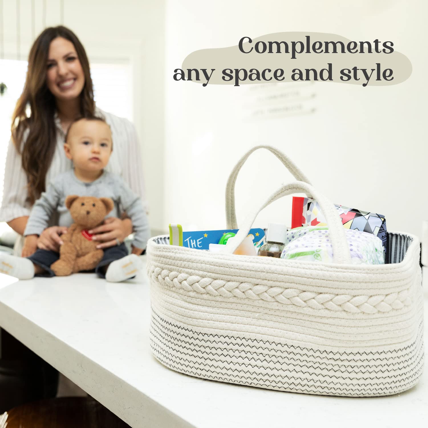  Luxury Little off-white cotton rope caddy with unisex nursery style.