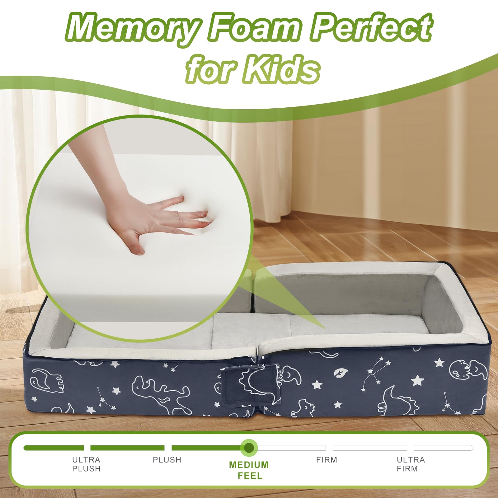 Lvemilio toddler bed unfolded with memory foam mattress for cozy sleep.