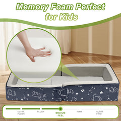 Lvemilio toddler bed unfolded with memory foam mattress for cozy sleep.