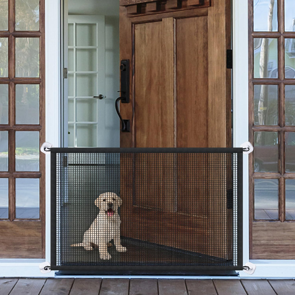LWFCOEE mesh dog gate in assembly mode for quick setup.