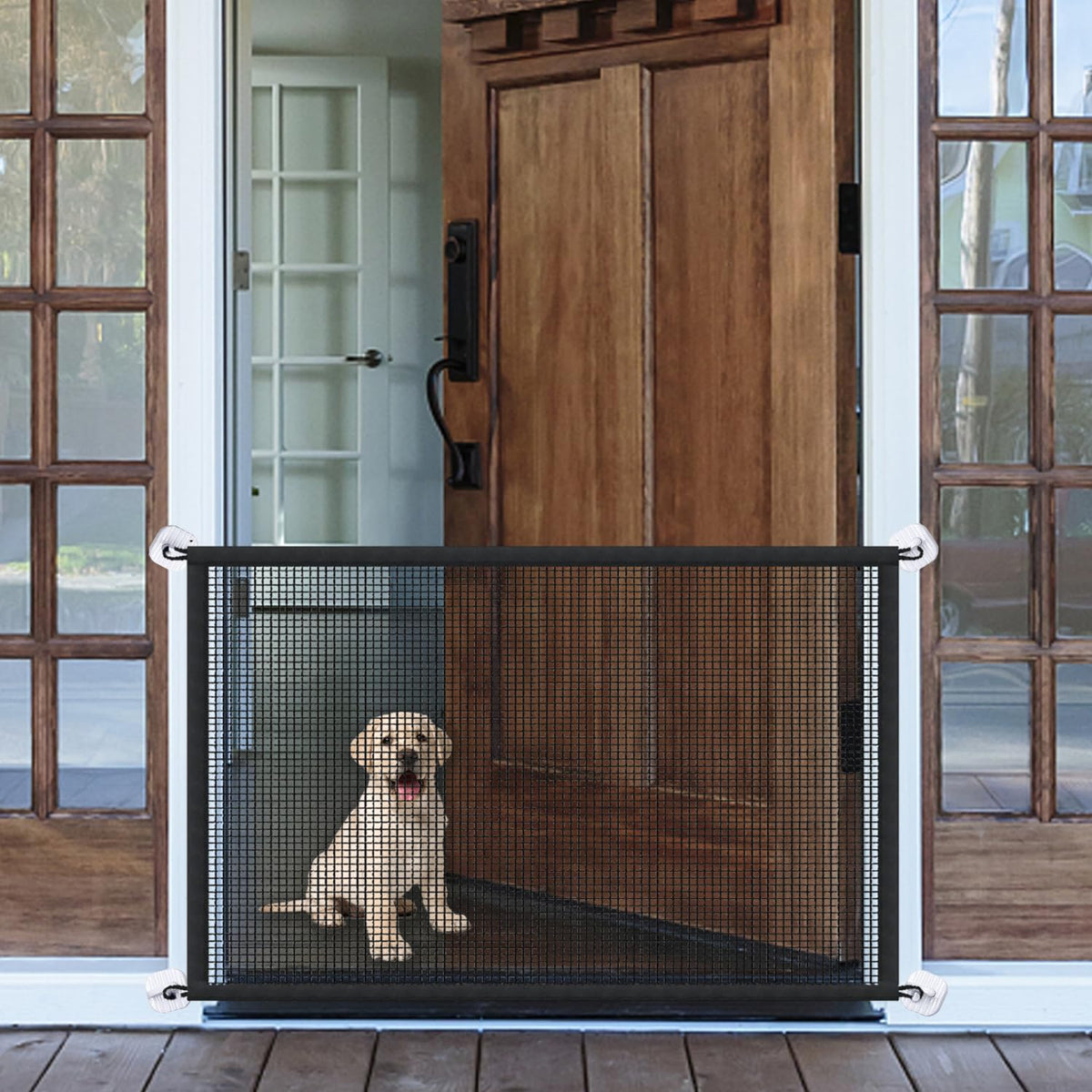 LWFCOEE mesh dog gate in assembly mode for quick setup.