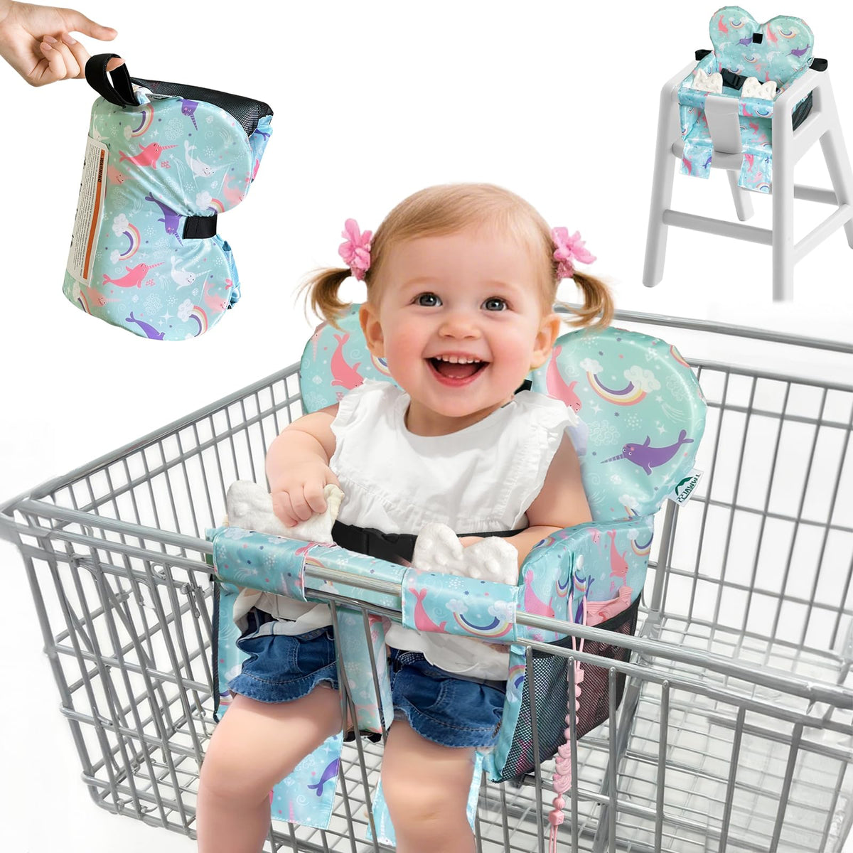 LWWACSS Ocean Blue shopping cart cover on a universal cart, quick one-handed setup for busy shoppers.