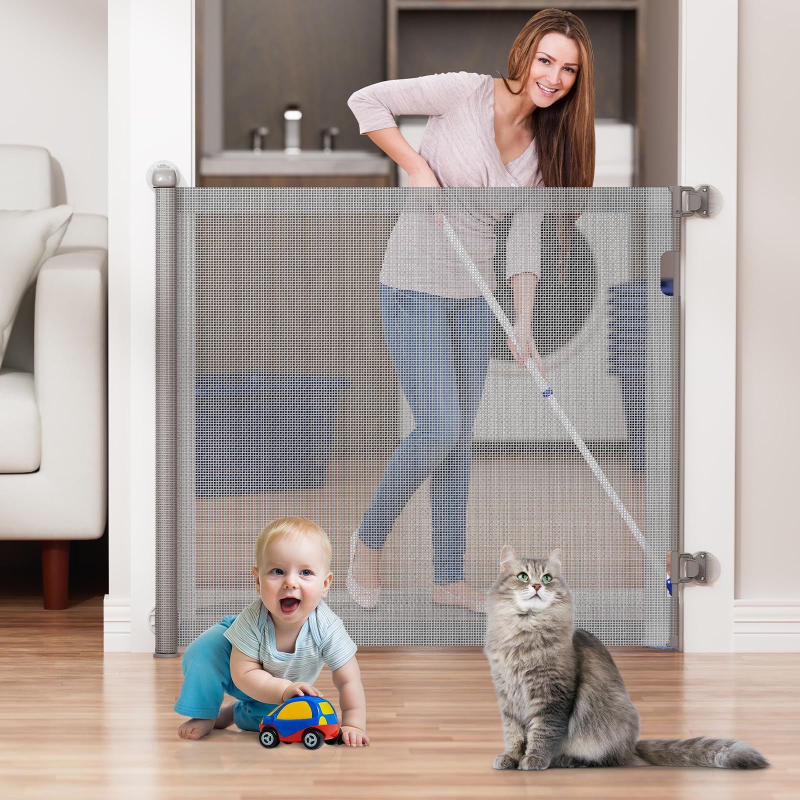 LXCGROOMER no-drill retractable gate installation for wall-friendly setup.