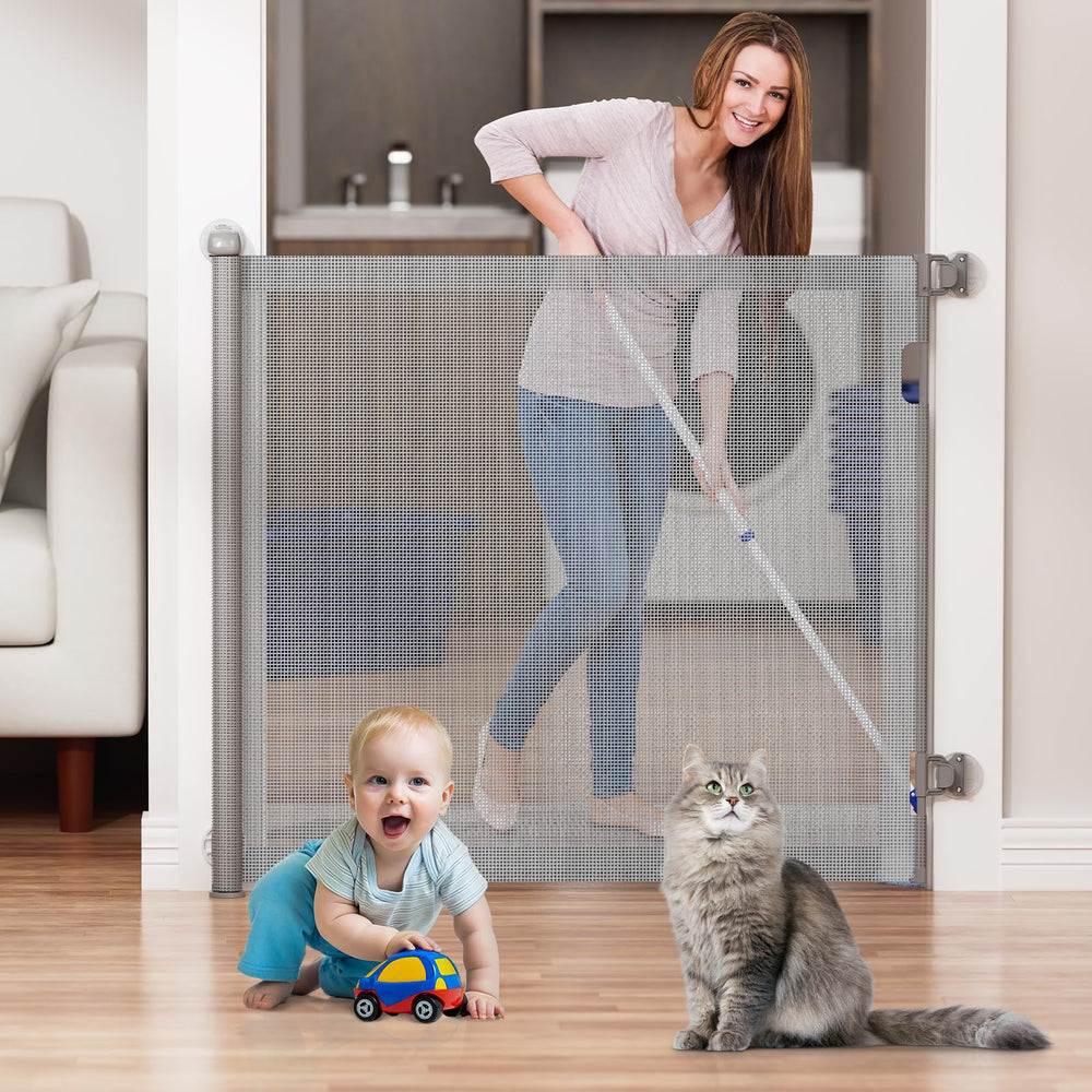LXCGROOMER no-drill retractable gate installation for wall-friendly setup.
