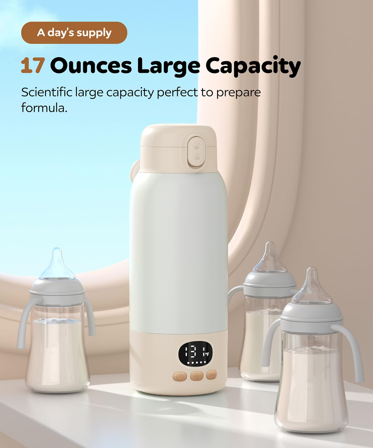 Lxlu 17oz capacity warmer ready for multiple feedings on trips.