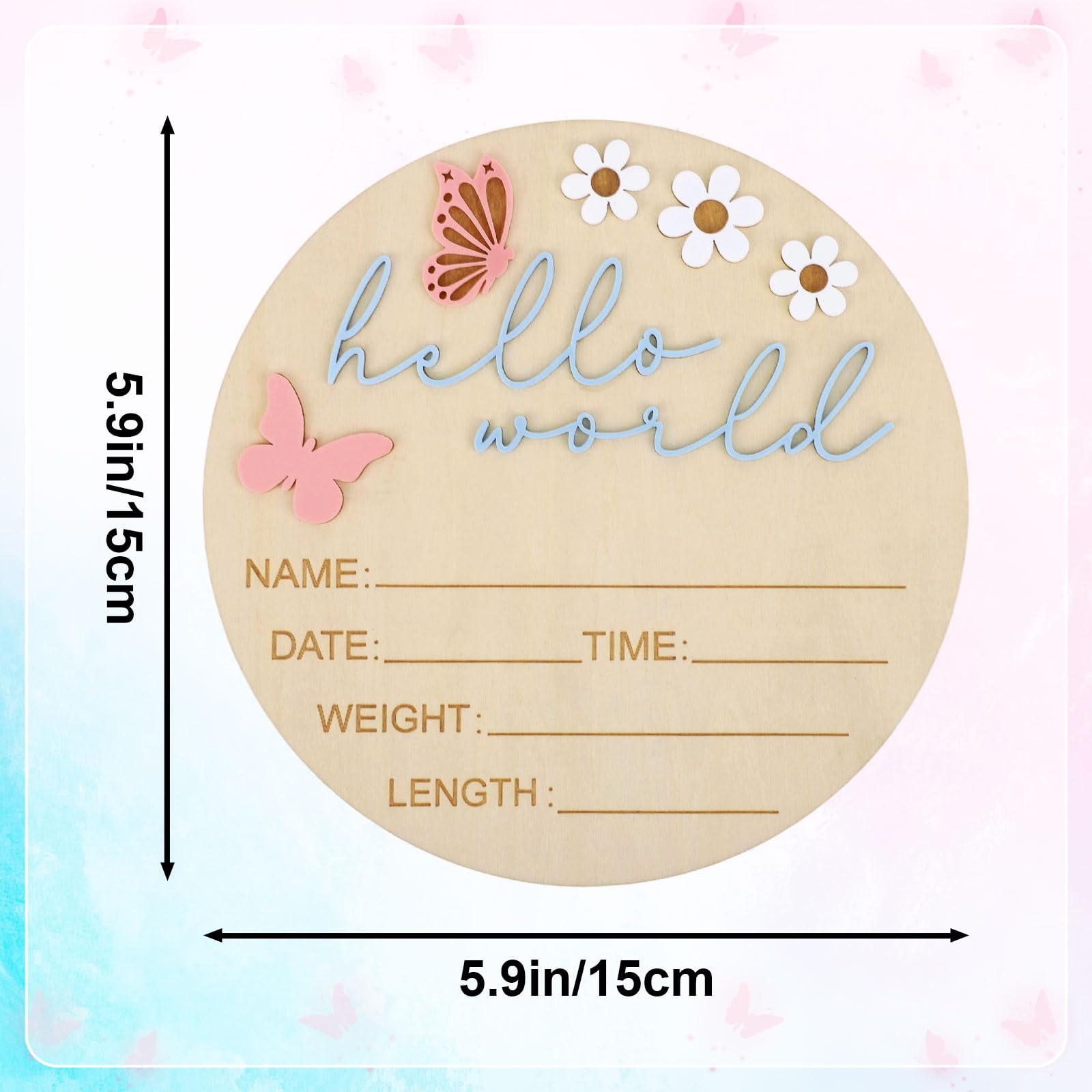 Lyreh Hello World Newborn Sign closeup wood grain highlights natural texture for nursery props.