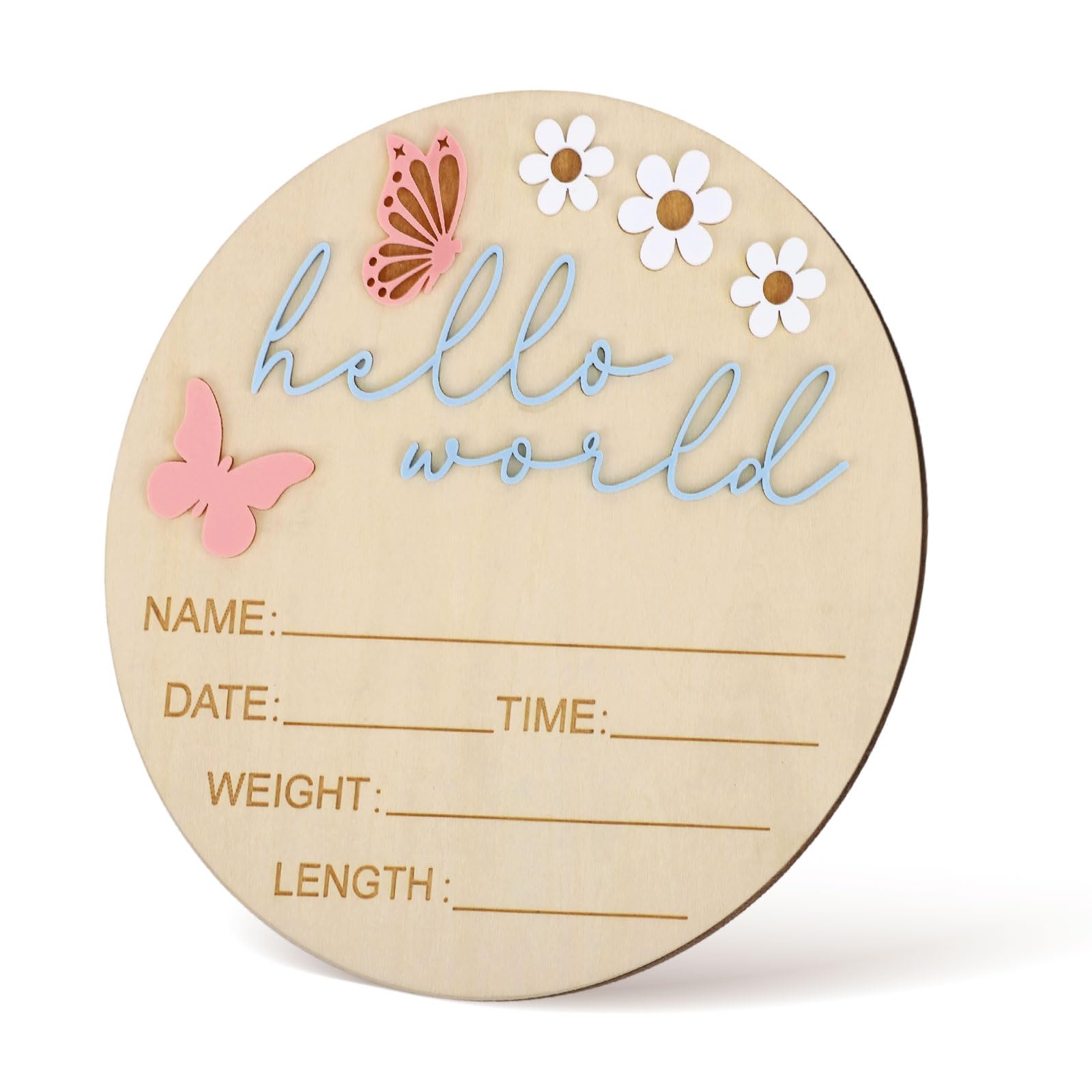 Lyreh Hello World Newborn Sign front view with flower and butterfly design for newborn decor.