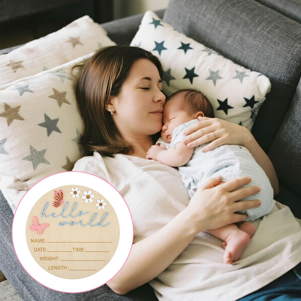 Lyreh Hello World Newborn Sign hanging display showcases it as a cherished milestone.