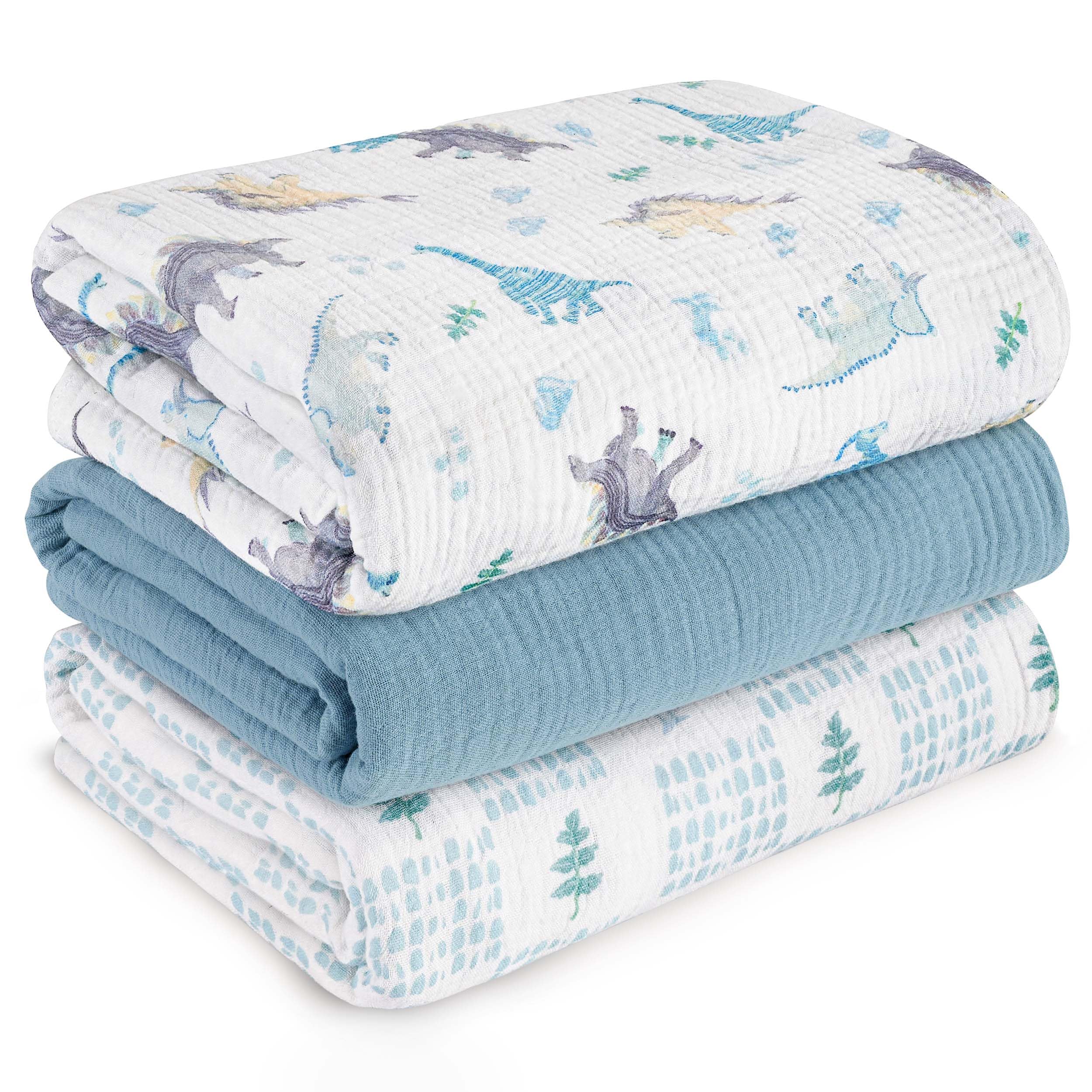 LYRICHOM BABY blue dinosaur swaddle pack in soft muslin for newborn comfort.