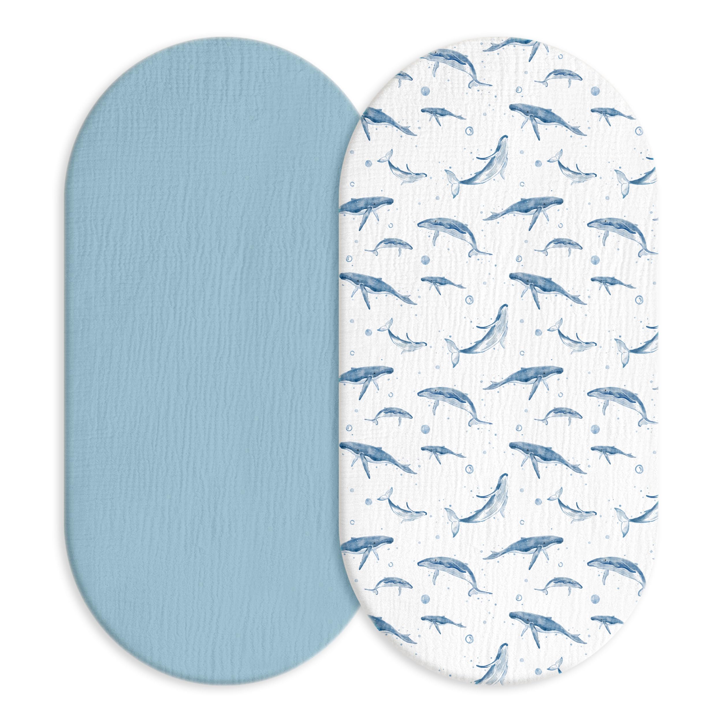 LYRICHOM BABY muslin bassinet sheet with blue whale pattern for breathable sleep.