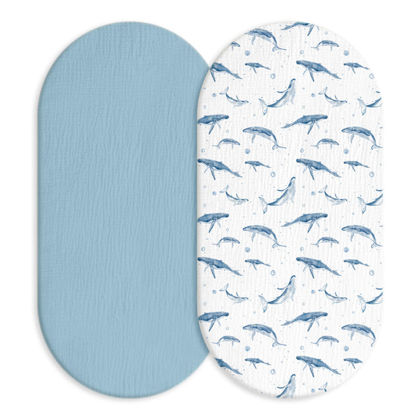 LYRICHOM BABY muslin bassinet sheet with blue whale pattern for breathable sleep.