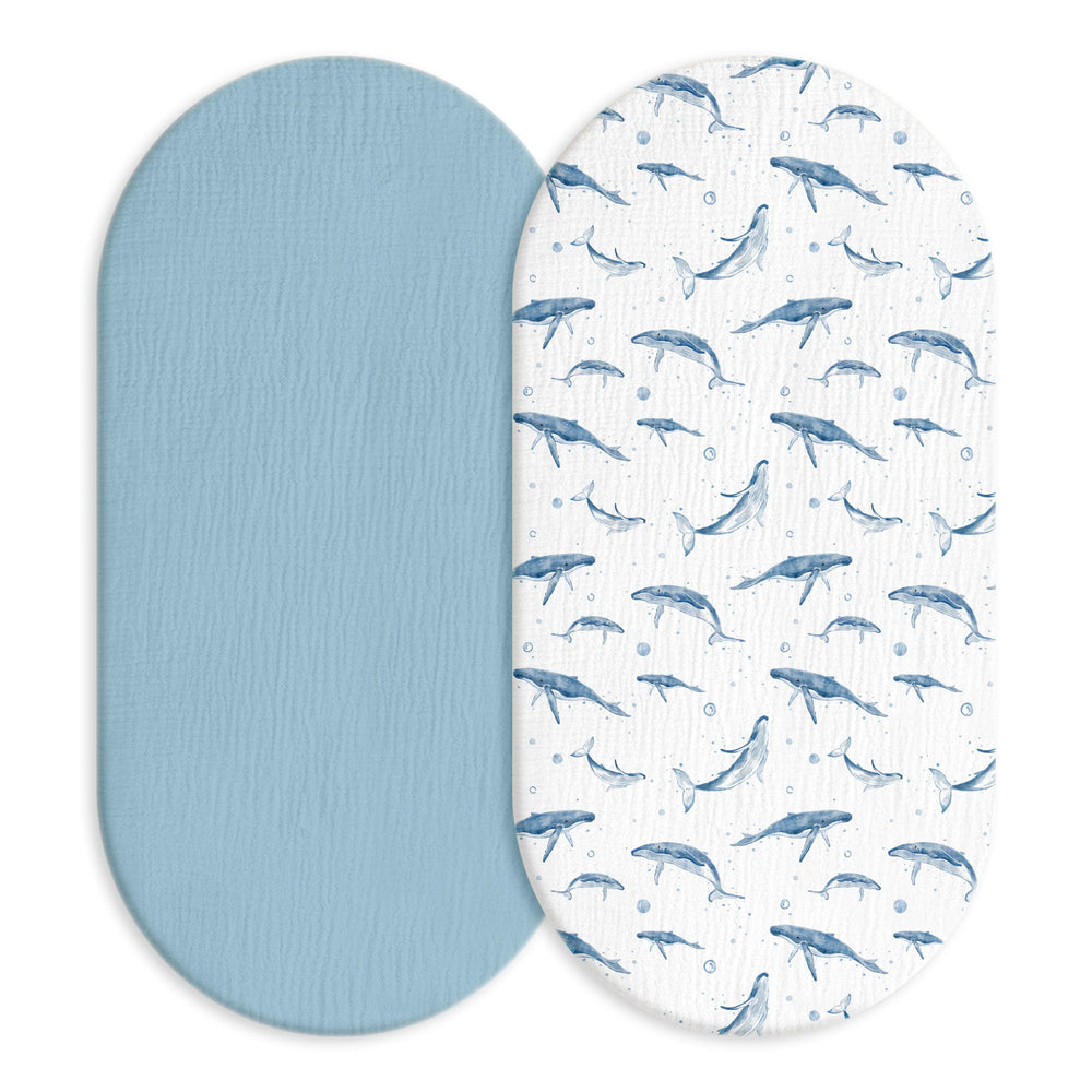 LYRICHOM BABY muslin bassinet sheet with blue whale pattern for breathable sleep.