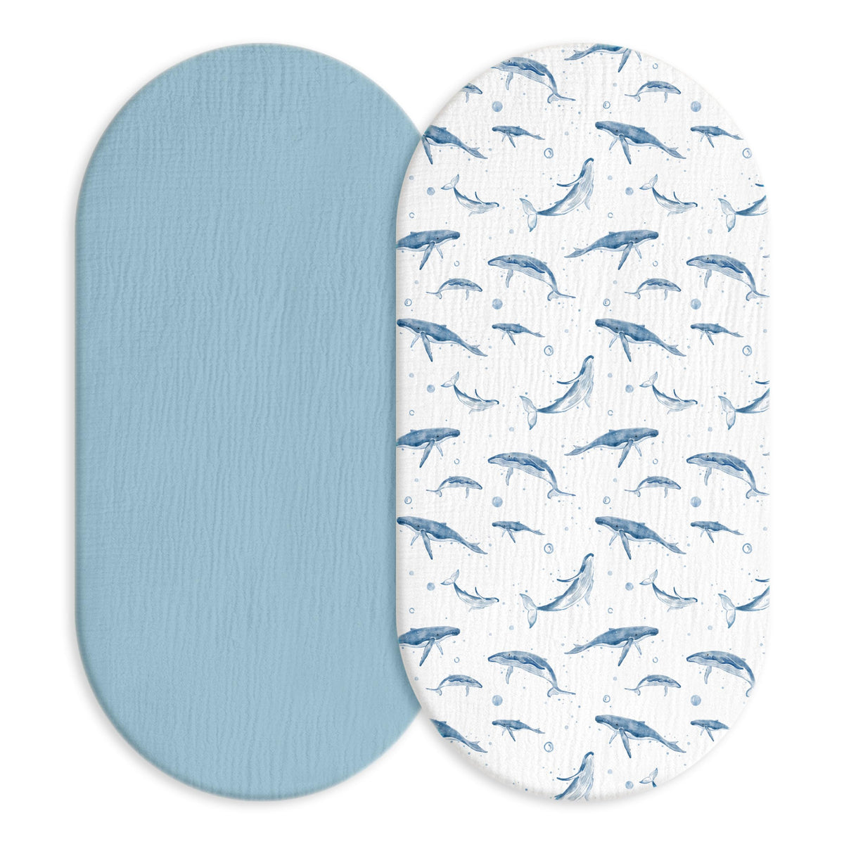 LYRICHOM BABY muslin bassinet sheet with blue whale pattern for breathable sleep.