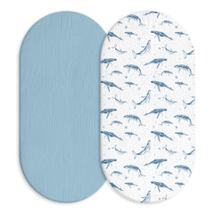 LYRICHOM BABY muslin bassinet sheet with blue whale pattern for breathable sleep.
