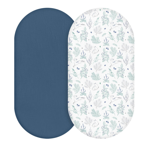 LYRICHOM BABY muslin bassinet sheets blue deer 2-pack laid flat for breathable comfort