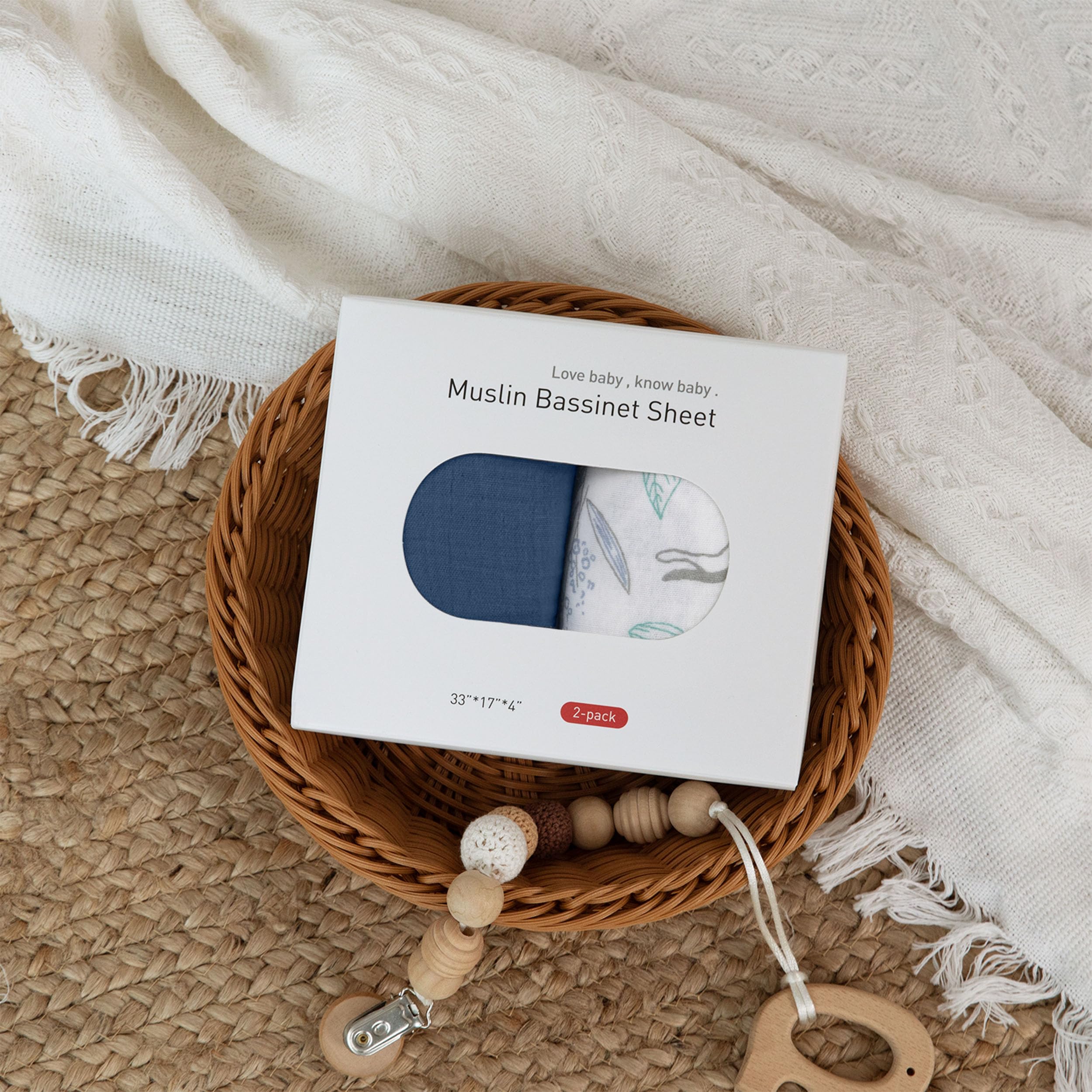 Gift-ready packaging of LYRICHOM BABY bassinet sheets with blue deer design