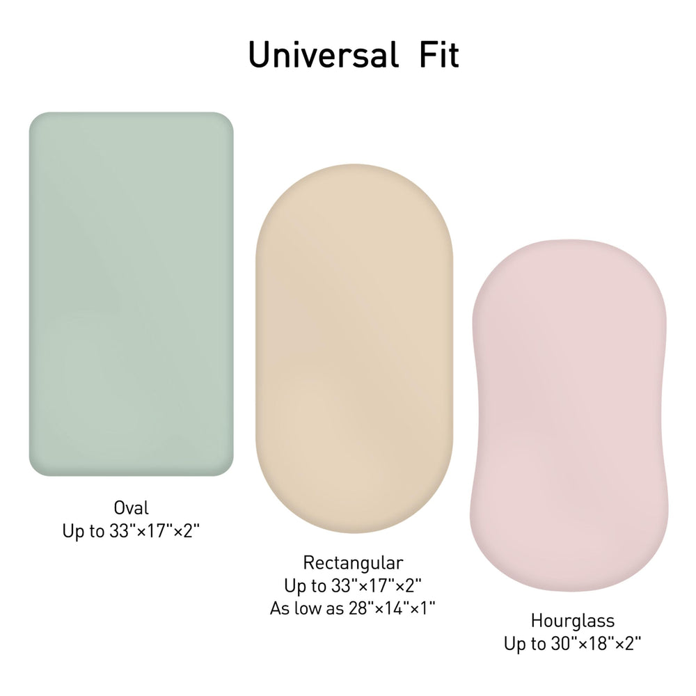 LYRICHOM muslin sheets shown on different bassinet shapes for universal fit
