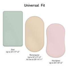 LYRICHOM muslin sheets shown on different bassinet shapes for universal fit
