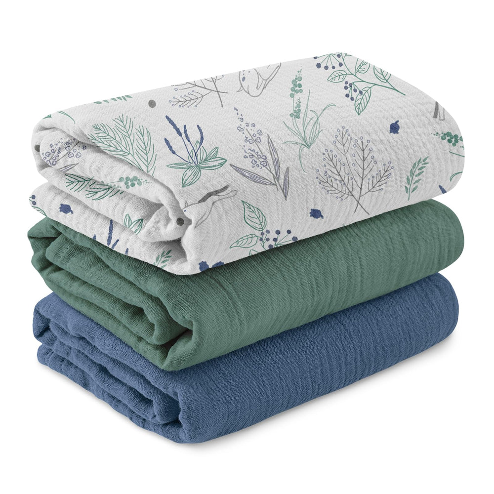 LYRICHOM BABY muslin swaddle 3-pack with fawn leaves print, gentle and breathable.