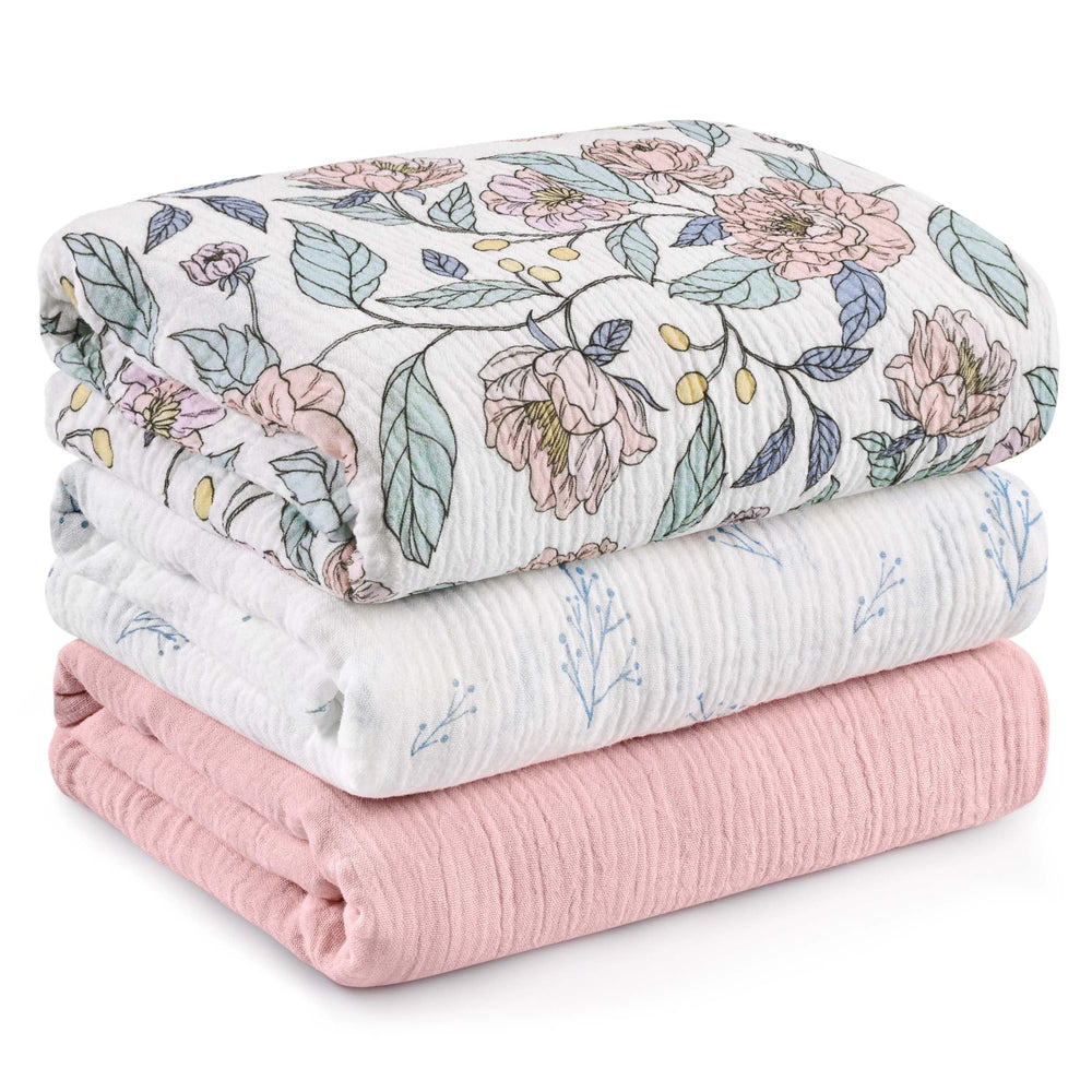 LYRICHOM BABY muslin swaddle blanket 3-pack, ultra-soft texture for gentle newborn comfort.
