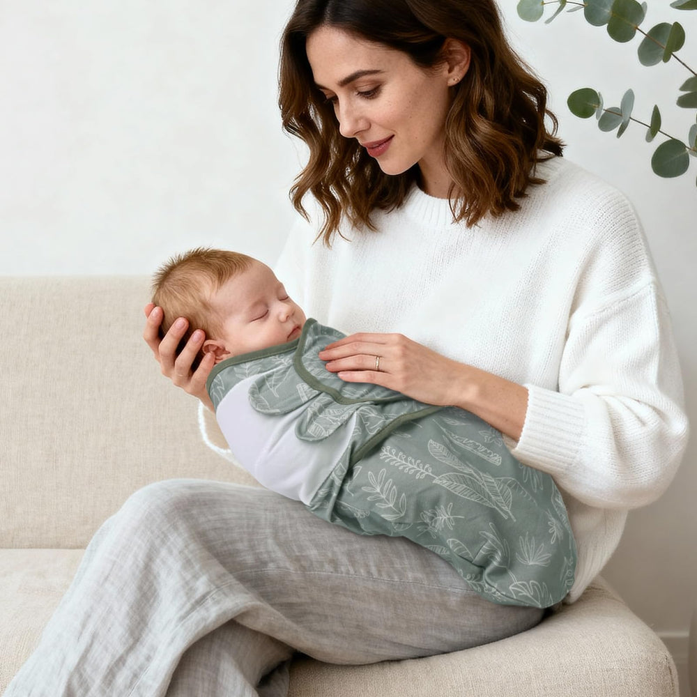 Organic cotton fabric for breathable, skin-friendly swaddle suitable for 0-3 months.