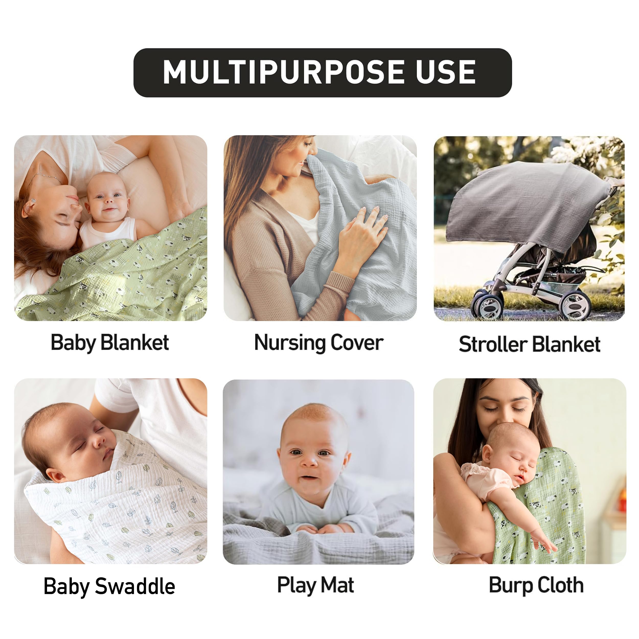Baby wrapped in LYRICHOM BABY farm-design swaddle during stroller ride.