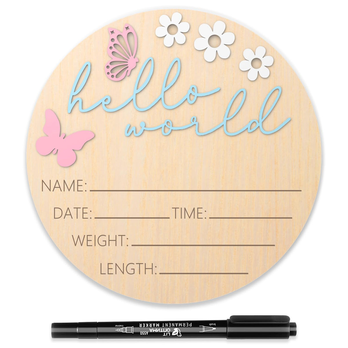LZC LADYS GIFT baby announcement sign Hello World on natural wood, ideal nursery decor.